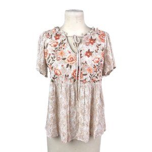 Savanna Jane Top Womens Small Sierra Beige Embroidered Peasant Blouse Prairie